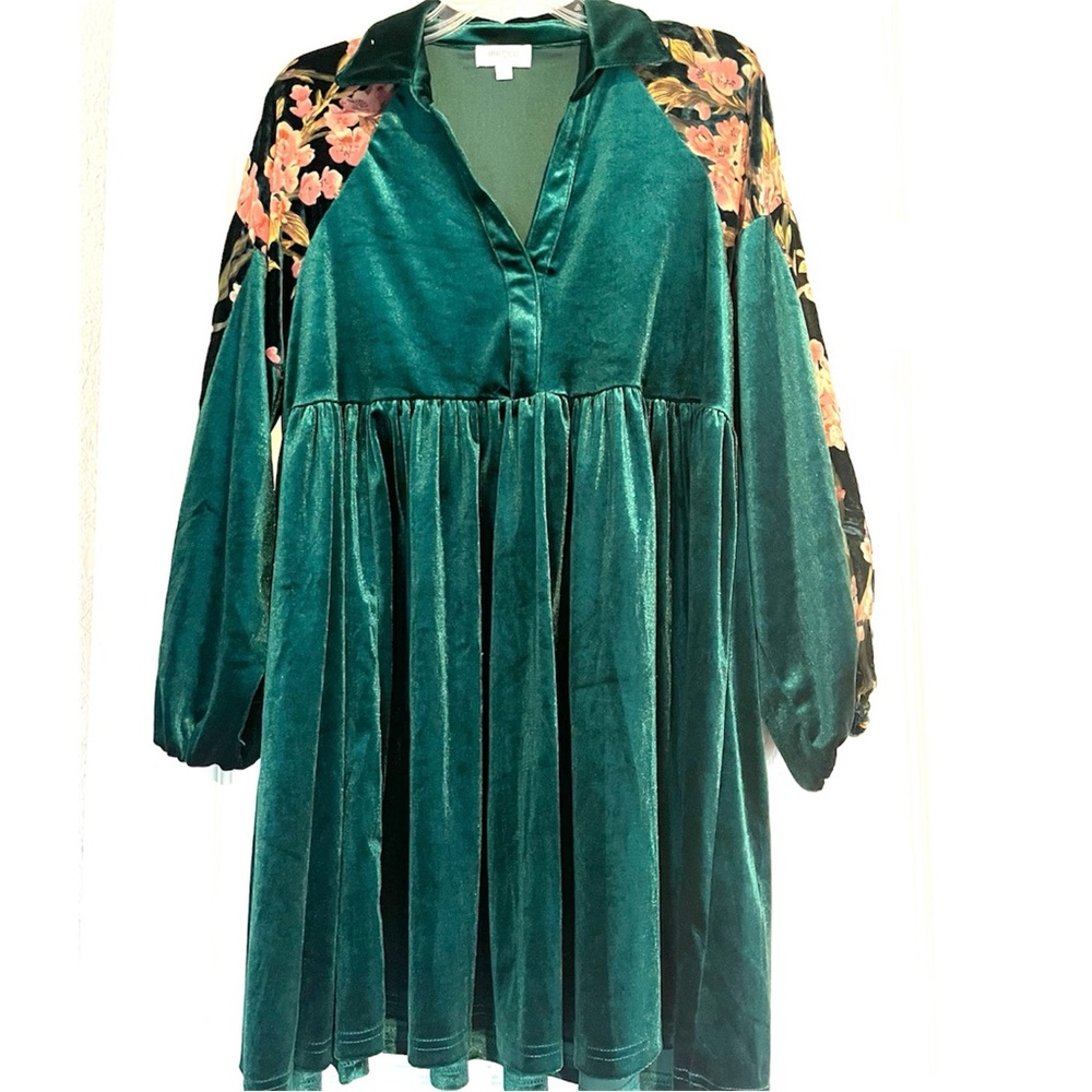 Umgee S Babydoll Dress Green V-Neck Mixed Media Y2K Style Soft Faux Velvet